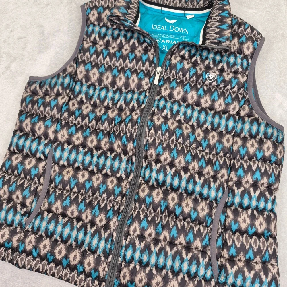 Ariat Ideal Down Puffer Vest Womens XL Blue Grey Ikat Geometric Packable Pockets